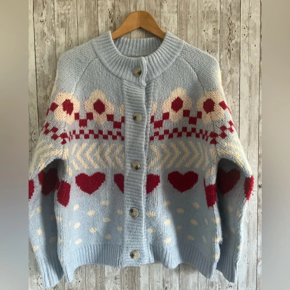 Chunky Oversized Knit Sweater Cardigan Light Blue Hearts Medium - Picture 1 of 4